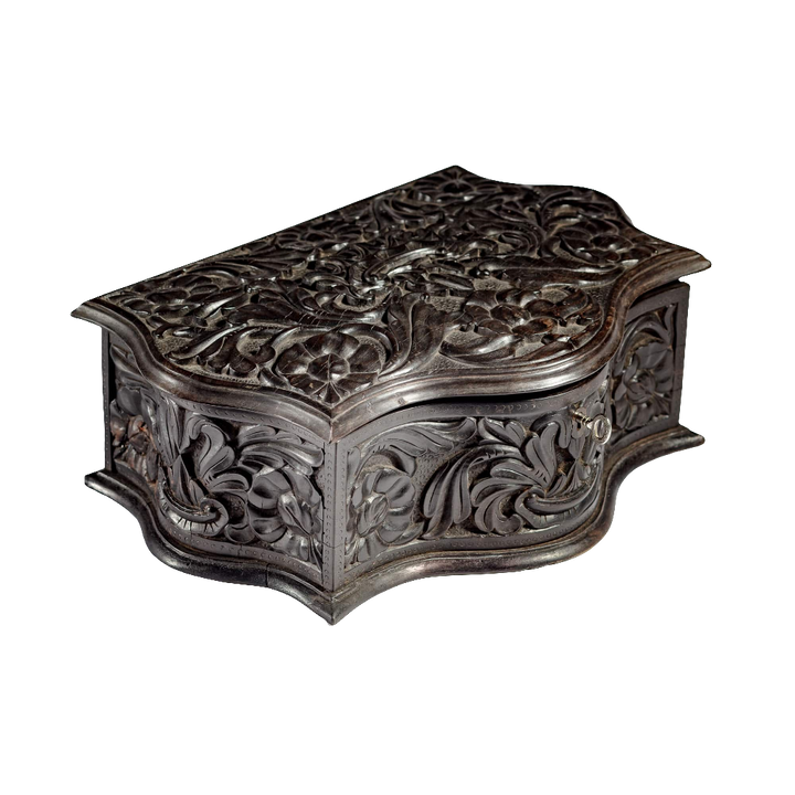 Mid 19th century carved ebony workbox with intricate floral details by Nwtiques, Southern Ceylon circa 1850