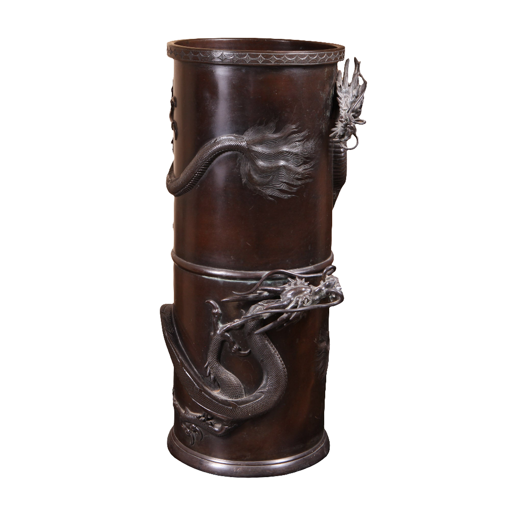 Japanese Meiji bronze dragon stick stand from 1900 with intricate cast dragons, elegant cylindrical form by Collection TH30