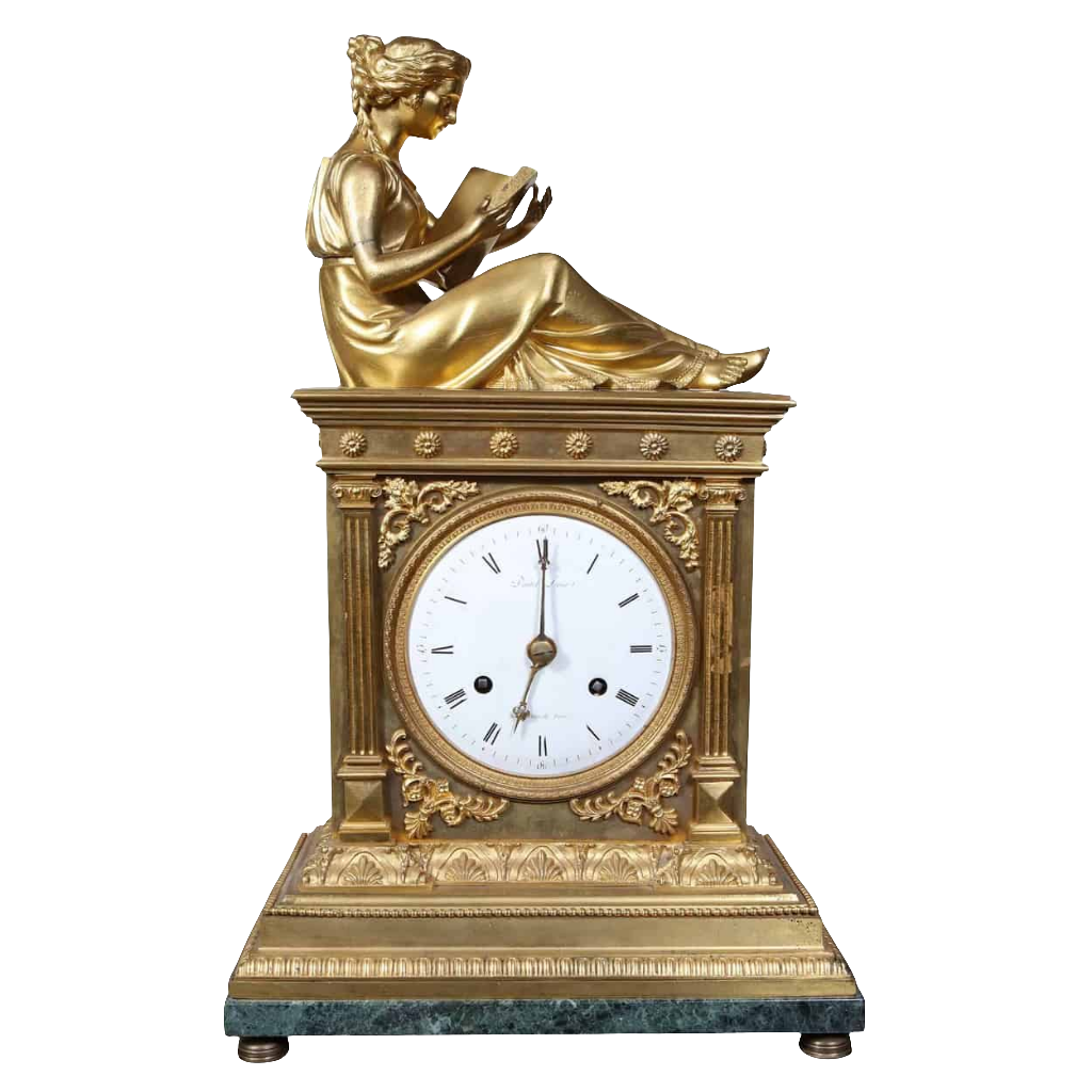 Early 19th-century fire gilt French mantle clock with reading figure, enamel dial by Nwtiques