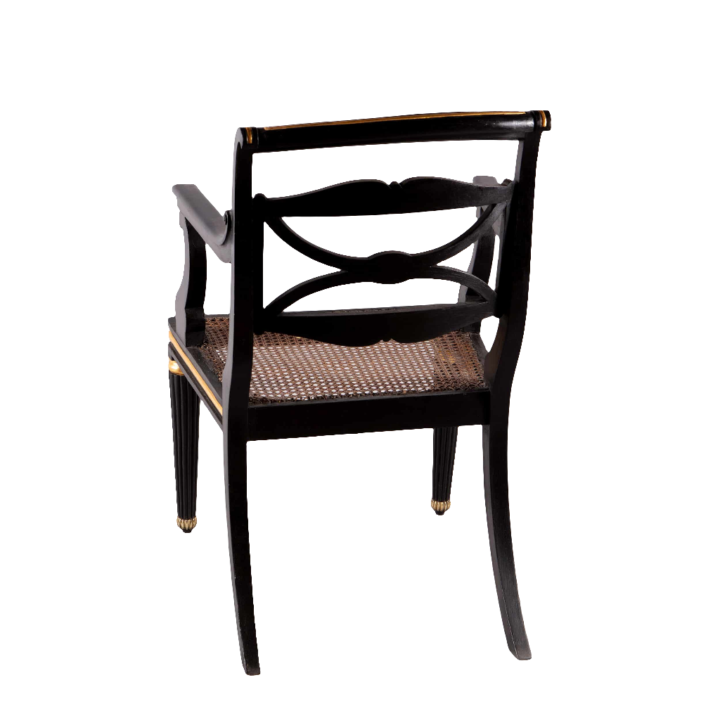 Regency parcel gilt armchair with cane seat and brass feet from Collection TH20, circa 1820 England.