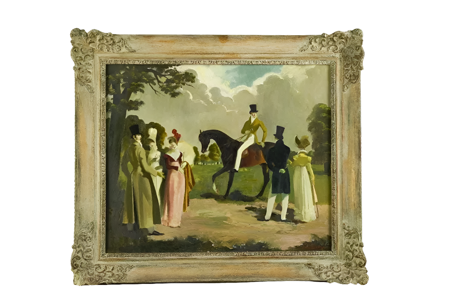 Post-war oil painting by Doris Zinkeisen depicting English society in 1940s, vintage ornate frame, Collection CK10 product