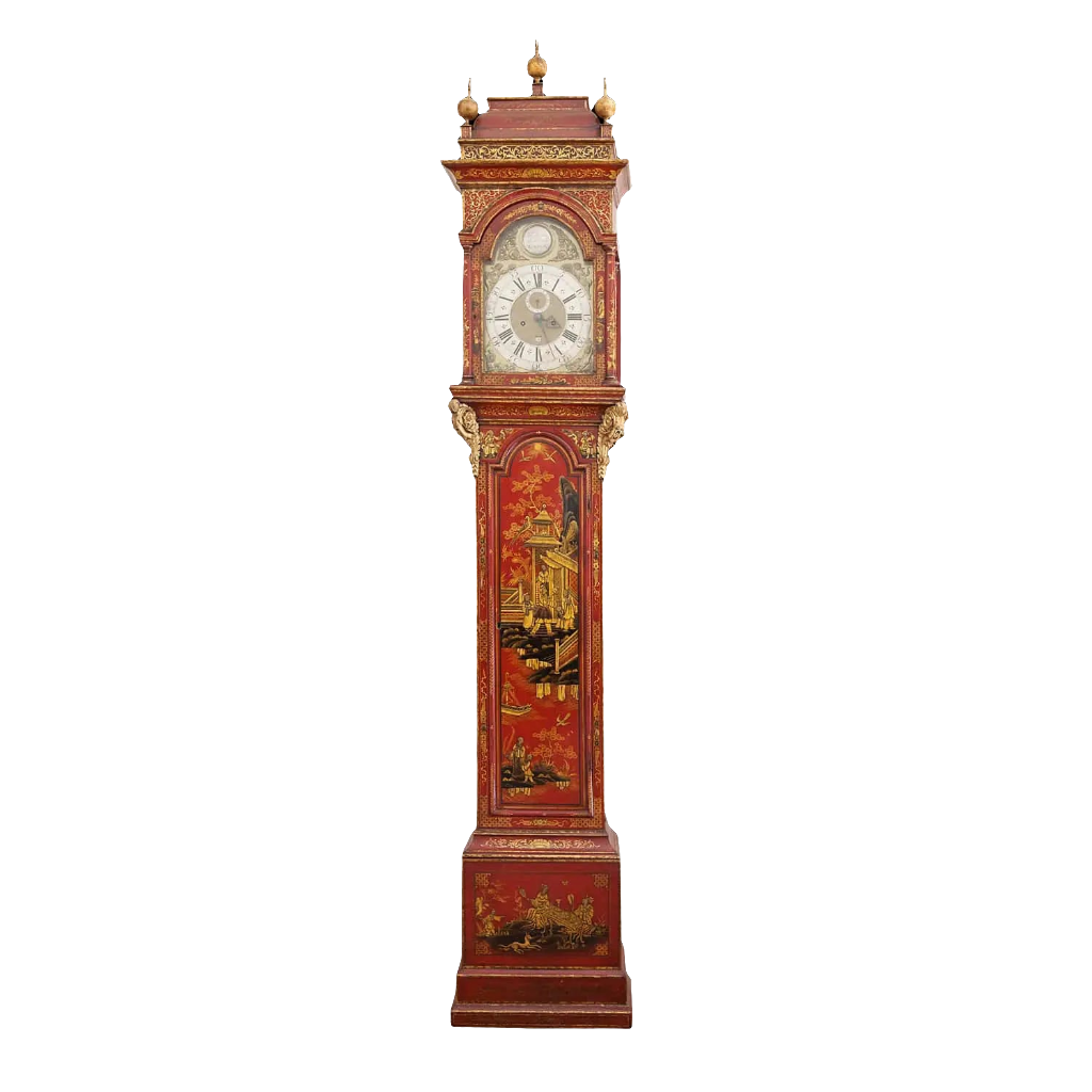 Austin of Shoreditch grandfather clock with red japanned chinoiserie design by Collection TH20, circa 1720 England