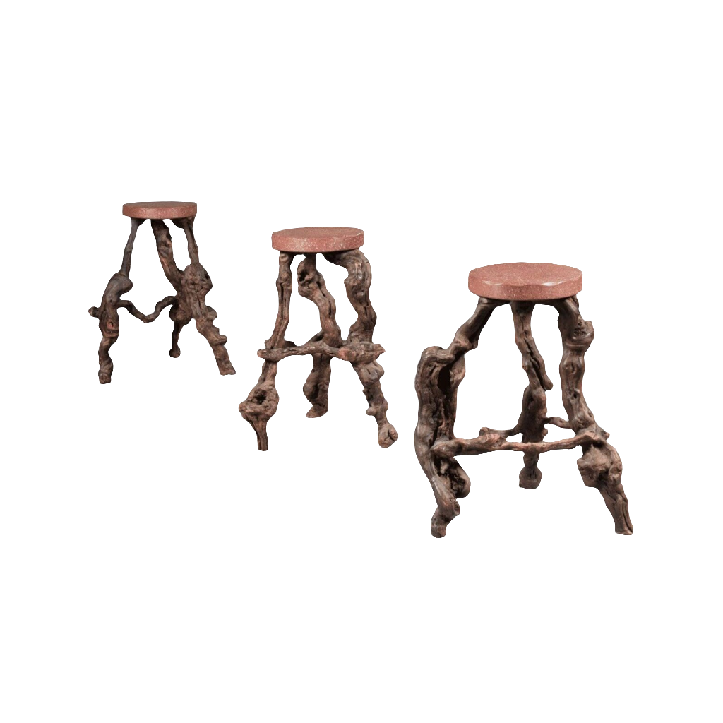Set of 3 gnarled vine bar stools with faux porphyry seats by Collection EE30, mid-century French design.