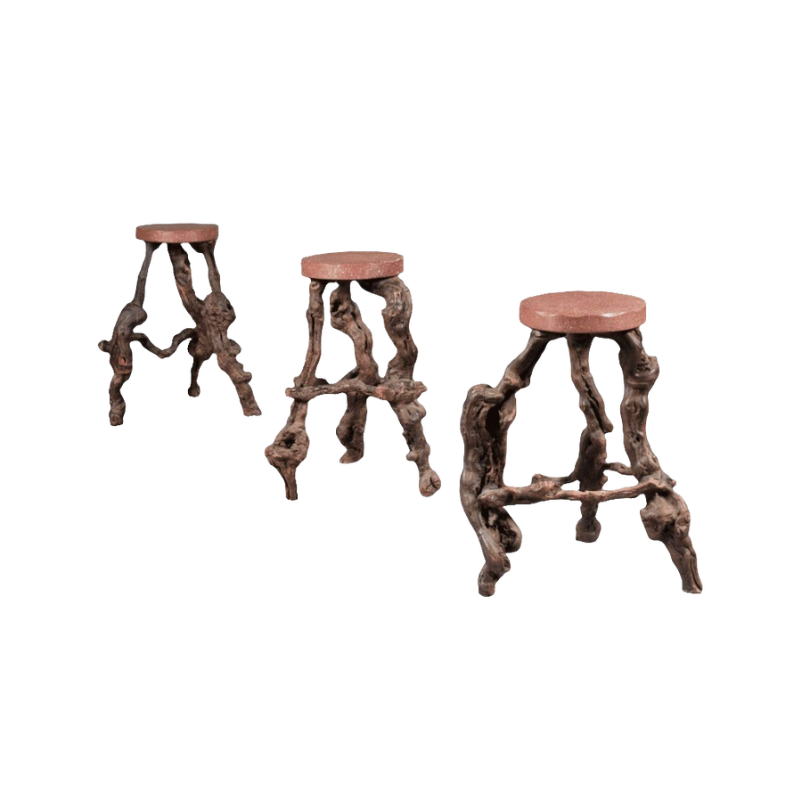 Set of 3 gnarled vine bar stools with faux porphyry seats by Collection EE30, mid-century French design.