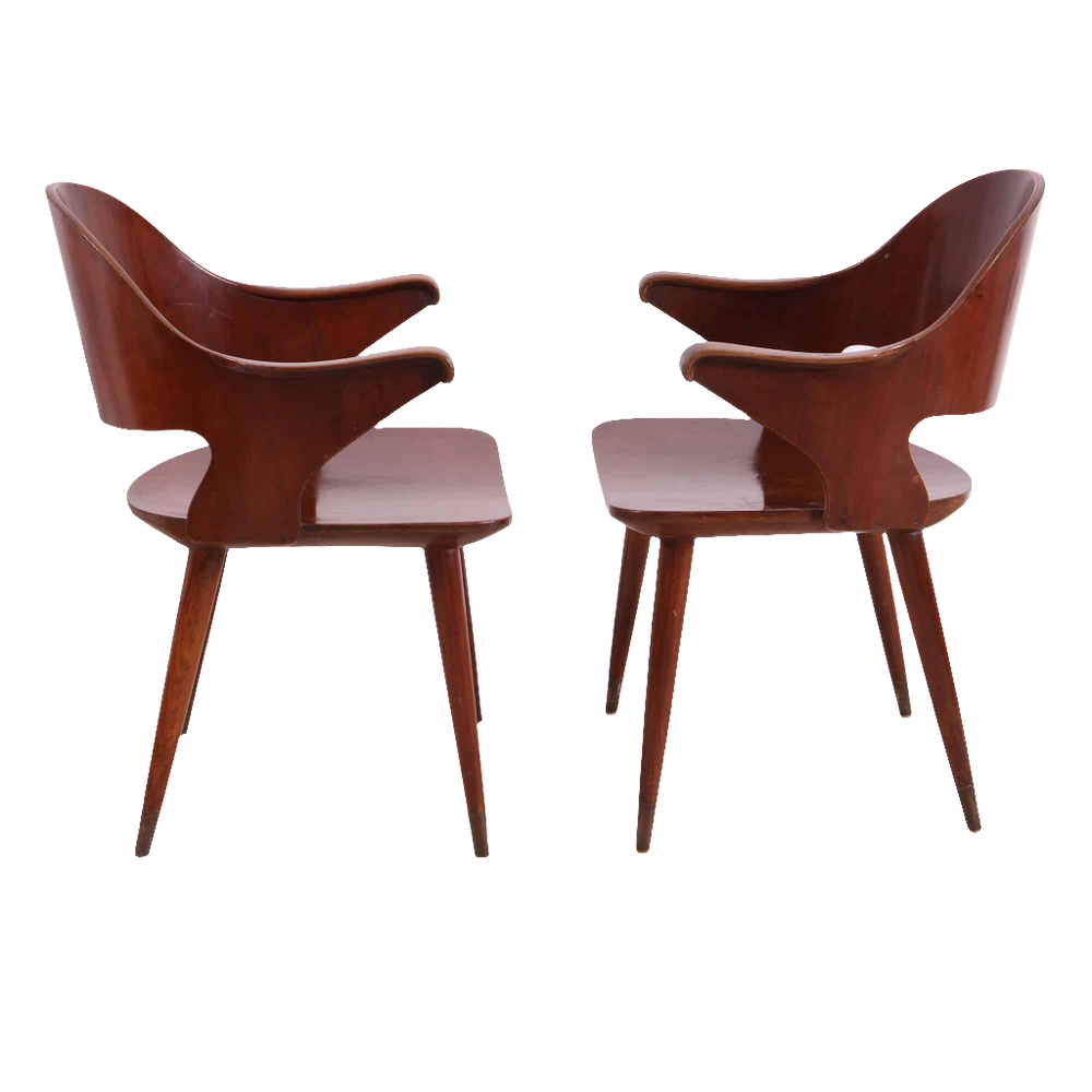 Pair of vintage 1960s Indian Chandigargh armchairs with heat-formed plywood, elegant curves, from Collection EE30.