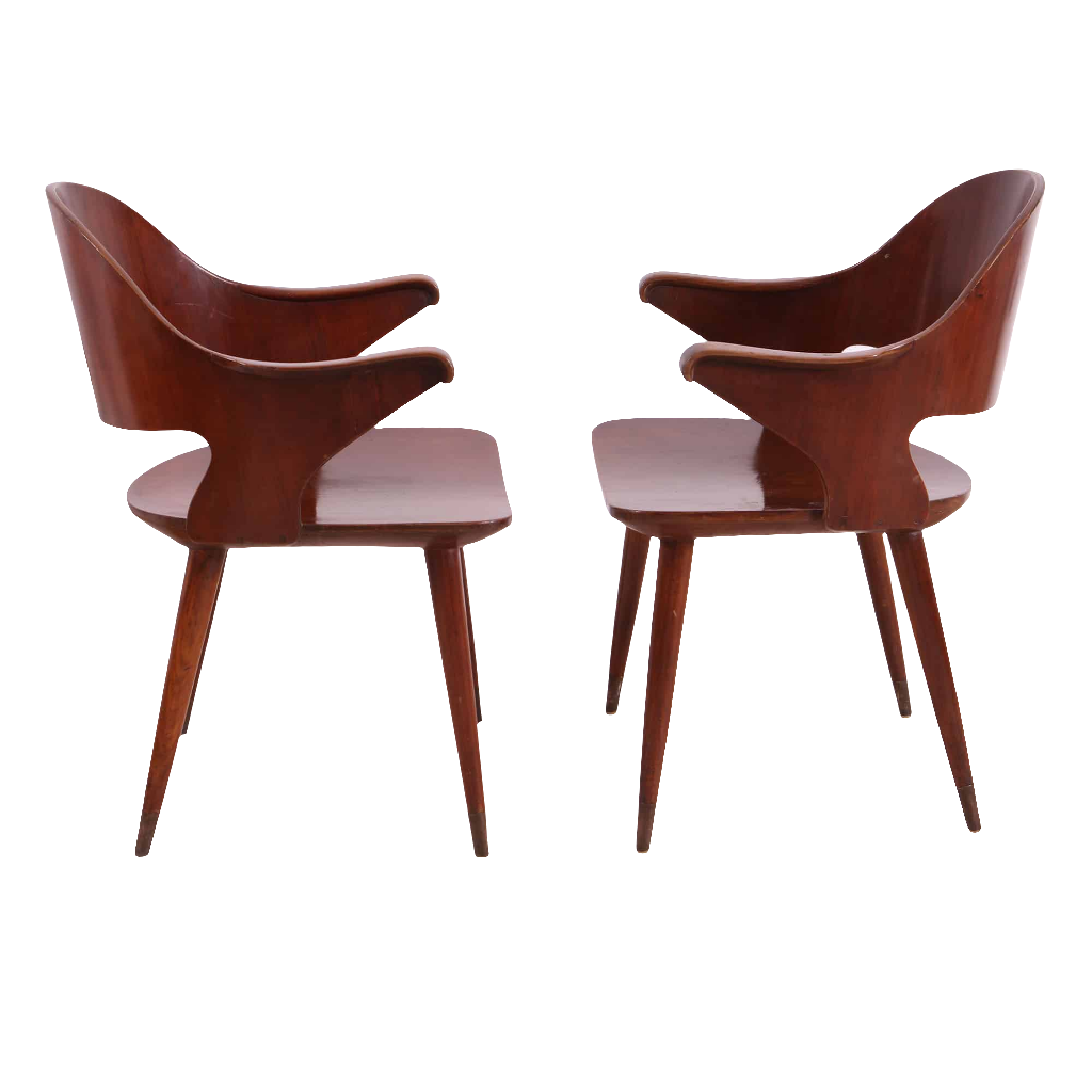 Pair of vintage 1960s Indian Chandigargh armchairs with heat-formed plywood, elegant curves, from Collection EE30.