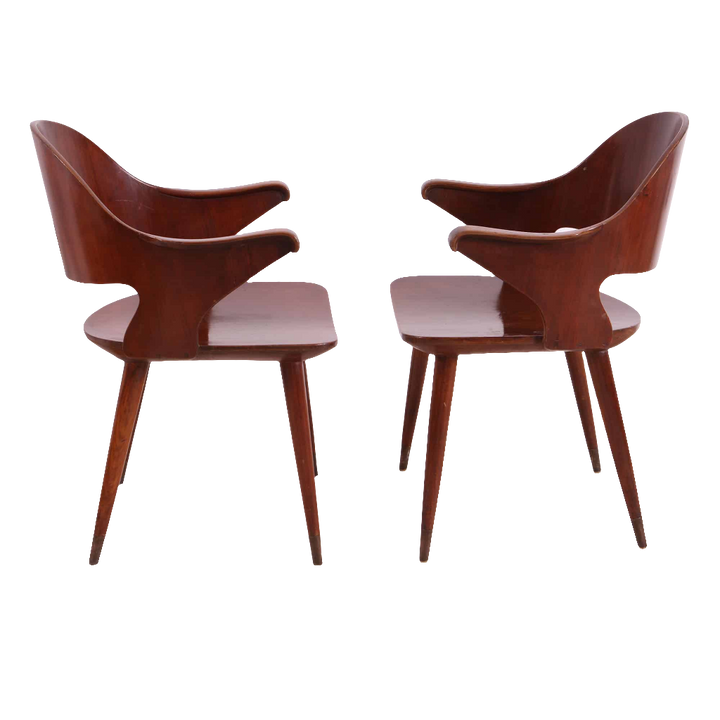 Pair of vintage 1960s Indian Chandigargh armchairs with heat-formed plywood, elegant curves, from Collection EE30.