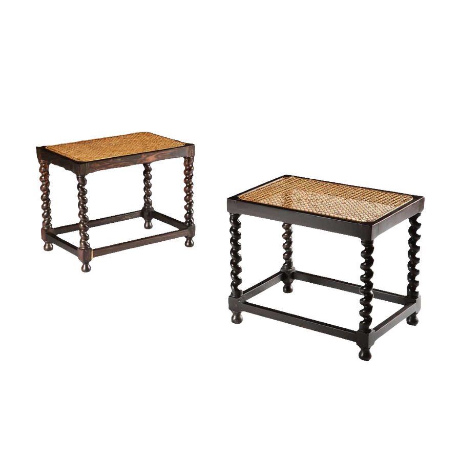 Pair of traditional handmade solid ebony barley twist stools with caned seats by Collection EE30, modern seat height.