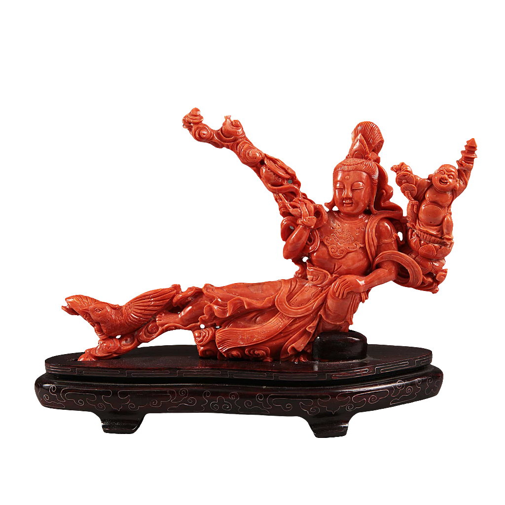 Chinese carved precious coral group reclining figure of Guanyin with attendants by Nwtiques