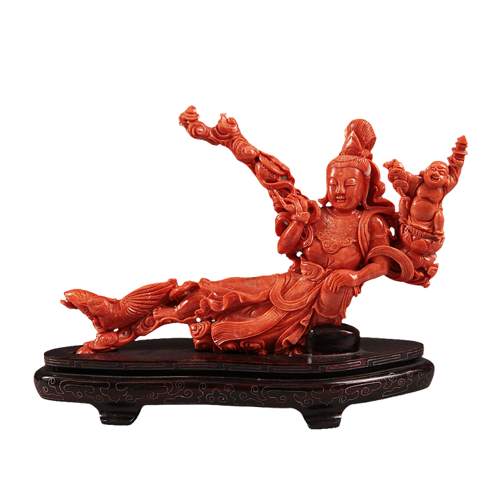 Chinese carved precious coral group reclining figure of Guanyin with attendants by Nwtiques