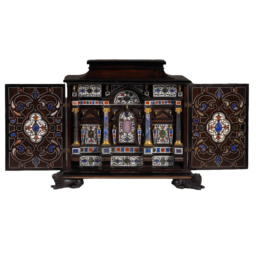17th century Italian Baroque cabinet with lapis lazuli and agate inlays, ebony exterior by Nicholas Wells Antiques