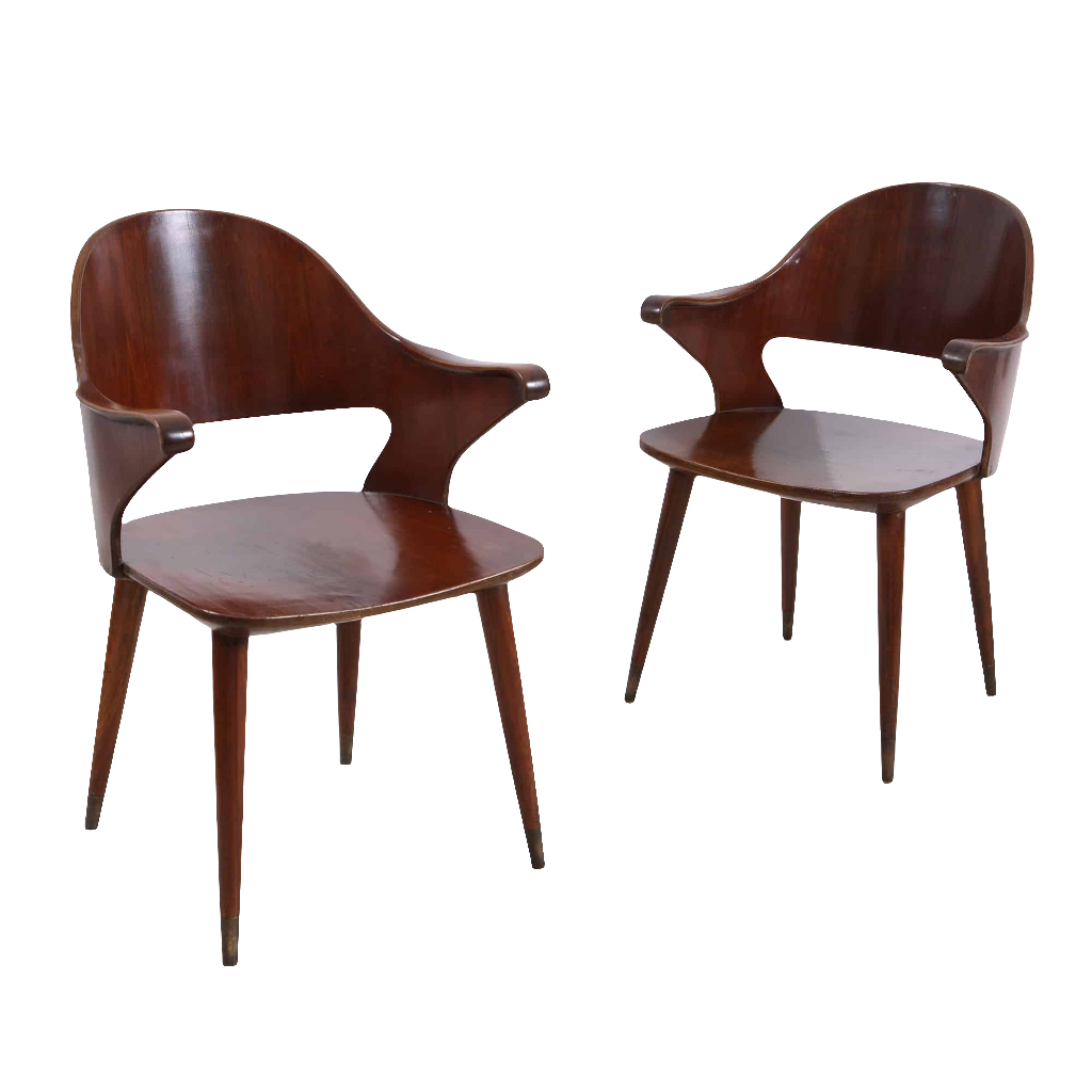 Pair of vintage Chandigargh armchairs from Collection EE30 featuring sleek mid-century Indian modernist wood design