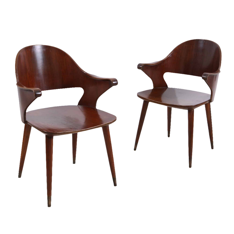 Pair of vintage Chandigargh armchairs from Collection EE30 featuring sleek mid-century Indian modernist wood design
