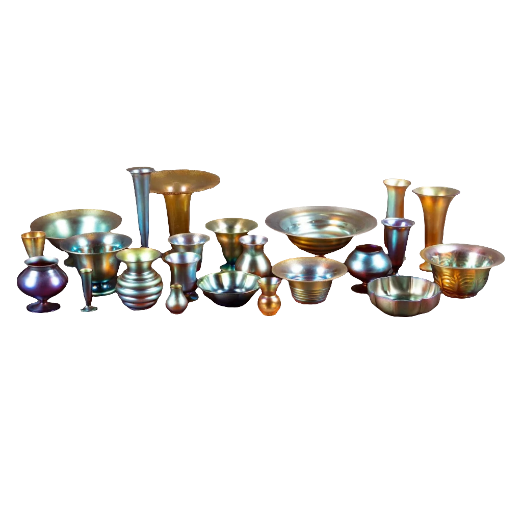 Collection TH20 23-piece set of Art Deco WMF Myra iridescent glass bowls and vases with vibrant shimmer and elegant shapes
