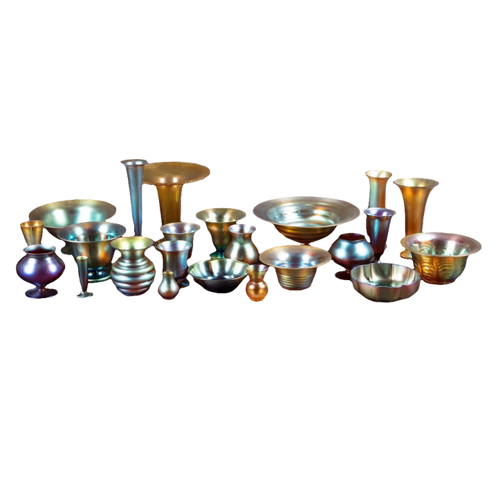 Collection TH20 23-piece set of Art Deco WMF Myra iridescent glass bowls and vases with vibrant shimmer and elegant shapes