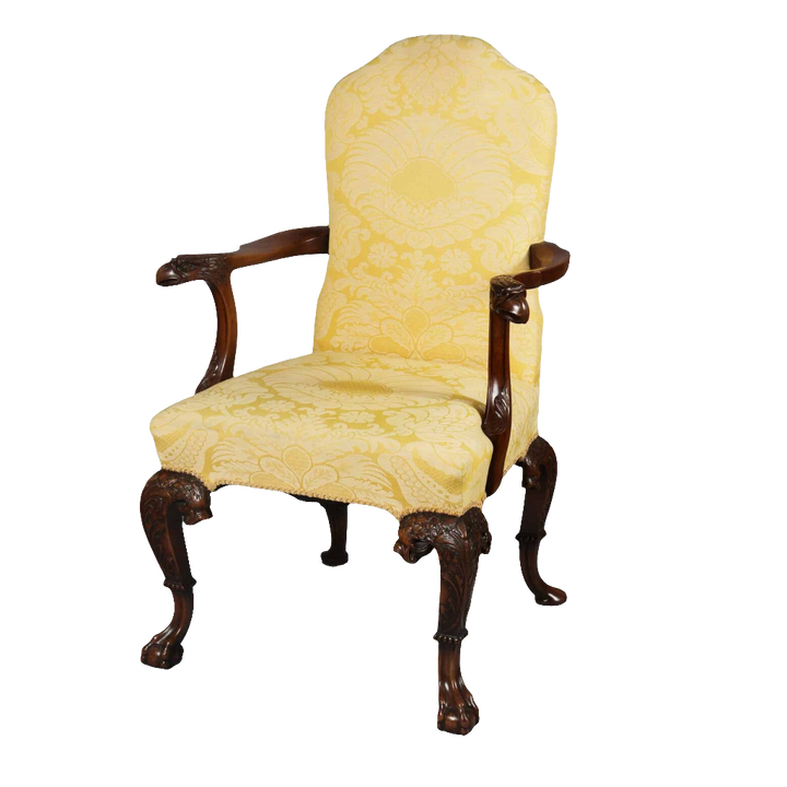 George I style walnut armchair with yellow silk upholstery and carved eagle head arms by Collection CK20
