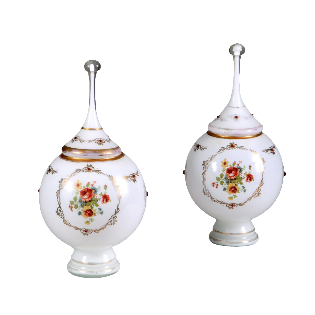 Pair of elegant opaline glass vases with floral motifs and gold detailing from Collection TH10, 19th-century French design.