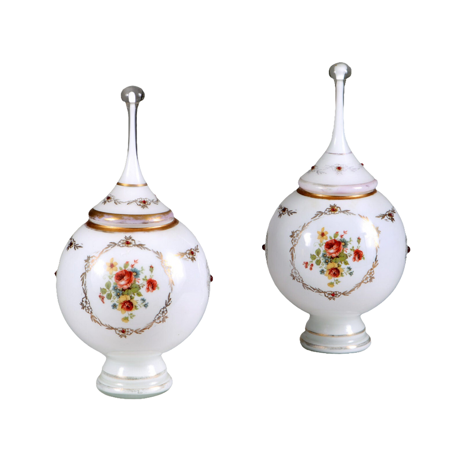 Pair of elegant opaline glass vases with floral motifs and gold detailing from Collection TH10, 19th-century French design.