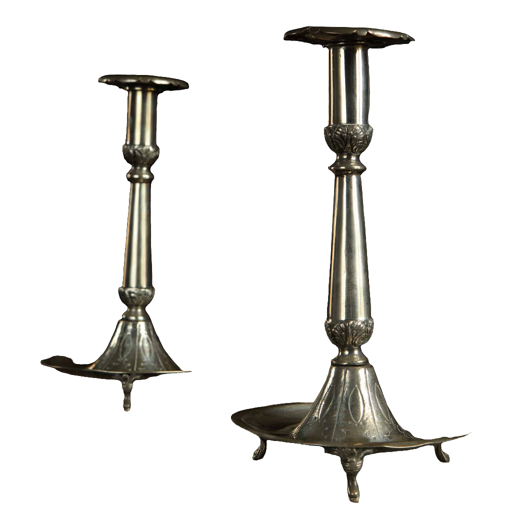 Pair of European silver baluster candlesticks with scroll feet and foliate detail by Collection EE10