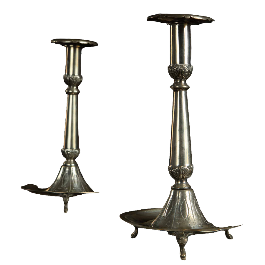 Pair of European silver baluster candlesticks with scroll feet and foliate detail by Collection EE10