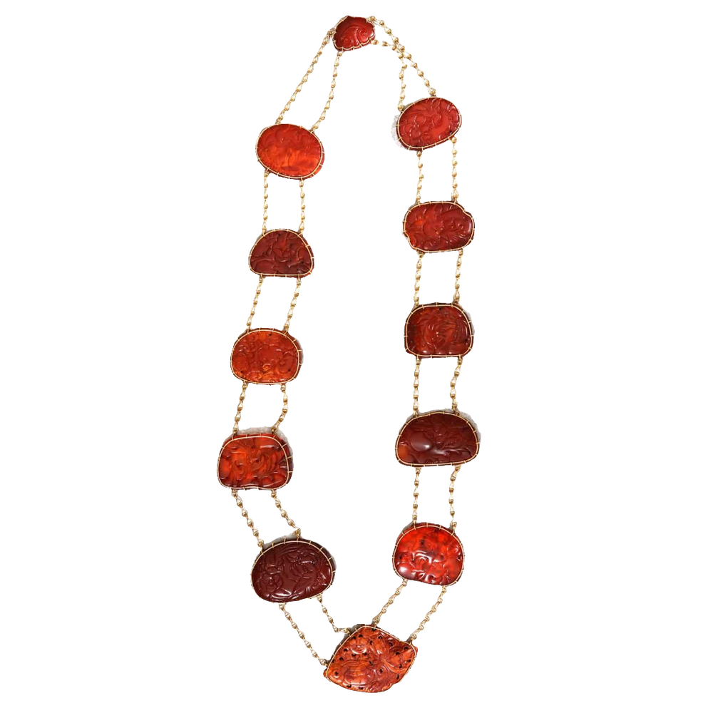 Chinese carved amber gold mounted necklace by Nwtiques with intricate vintage designs circa 1880.
