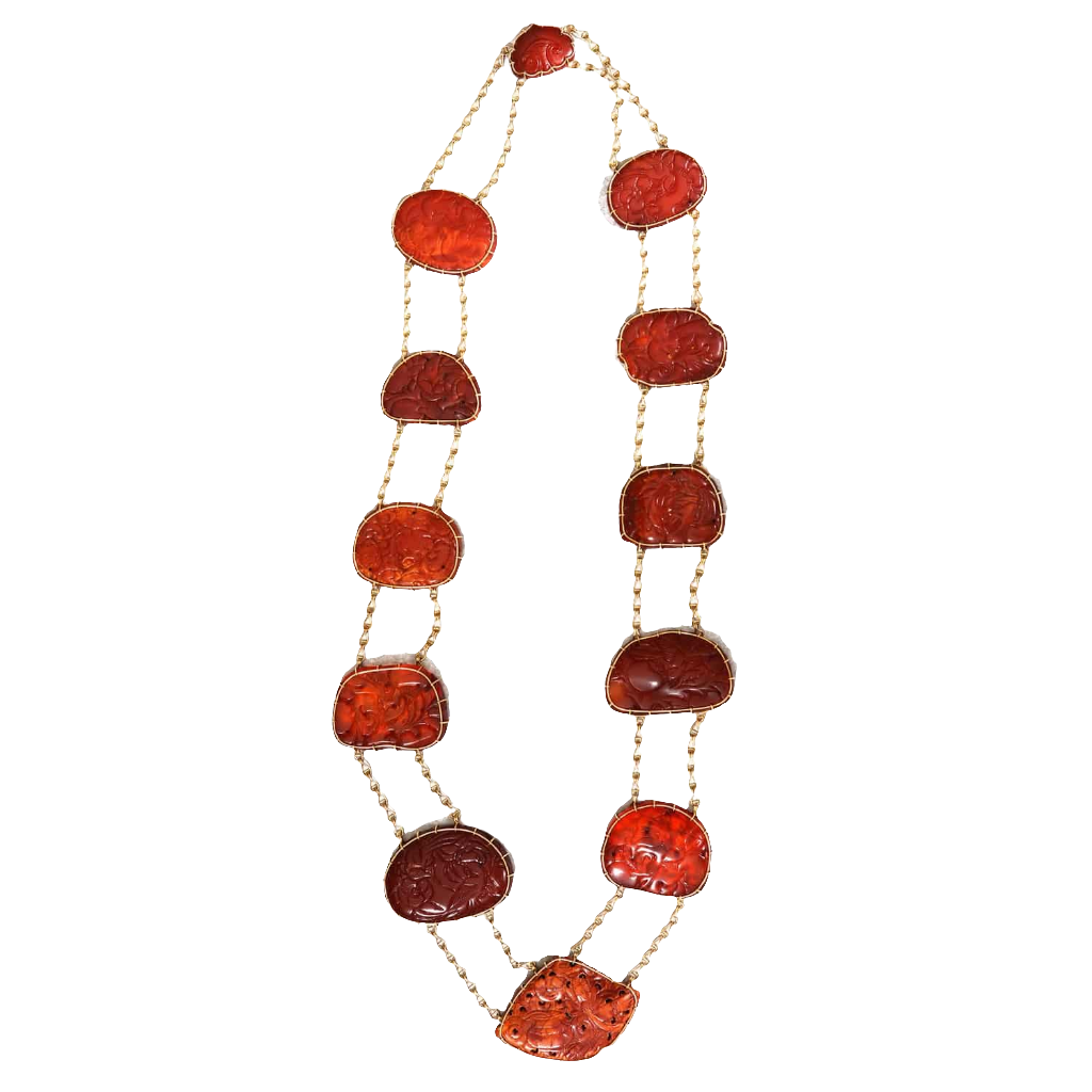 Chinese carved amber gold mounted necklace by Nwtiques with intricate vintage designs circa 1880.