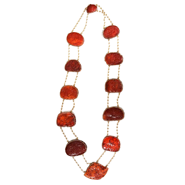 Chinese carved amber gold mounted necklace by Nwtiques with intricate vintage designs circa 1880.