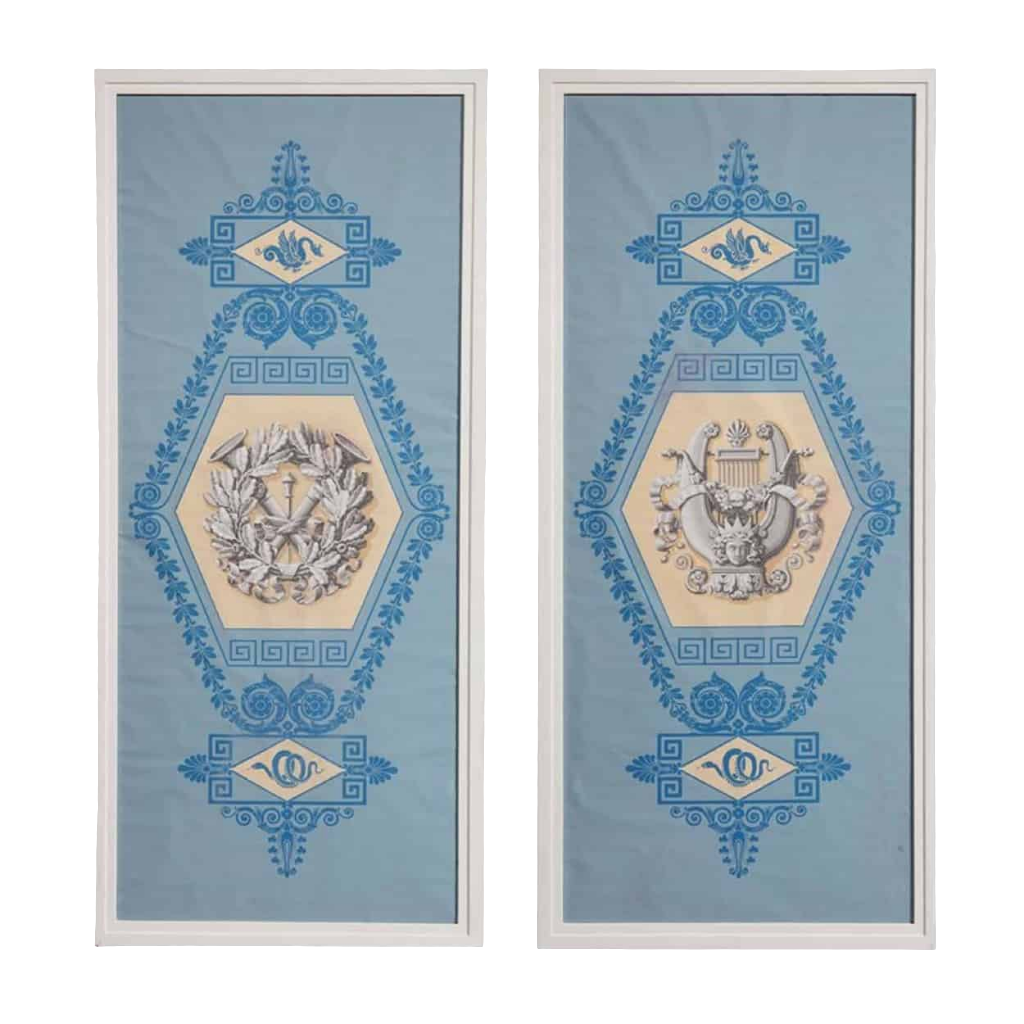 A pair of Charles X papier peint panels with Neoclassical martial motifs on blue ground by Collection TH20.