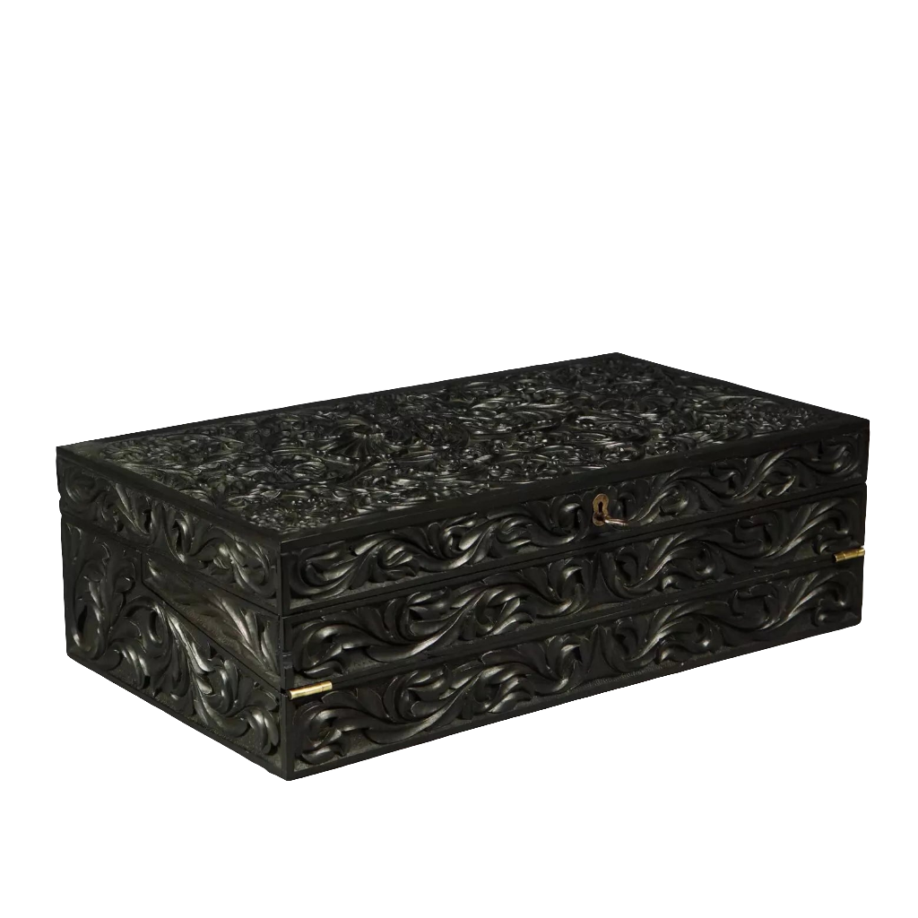 Mid-19th century Anglo Ceylonese ebony writing slope with intricate carving by Nicholas Wells Antiques