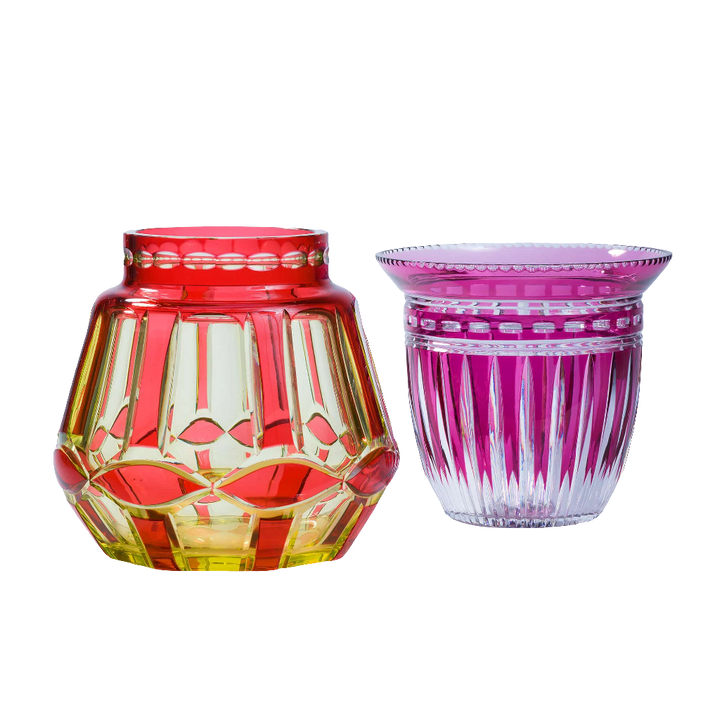 Val St Lambert hand blown pink over clear cut Art Deco vase by Nwtiques showing intricate geometric design