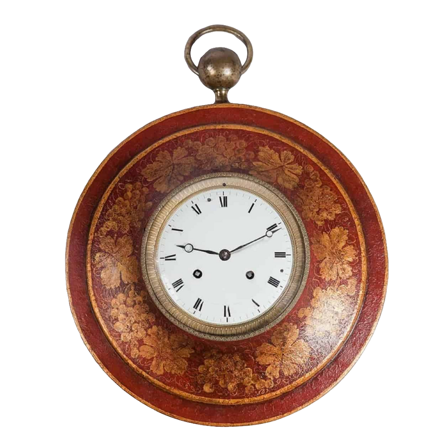 Red Tole Charles X Bullseye Wall Clock with gilt vine detail and enamel dial by Collection TH20