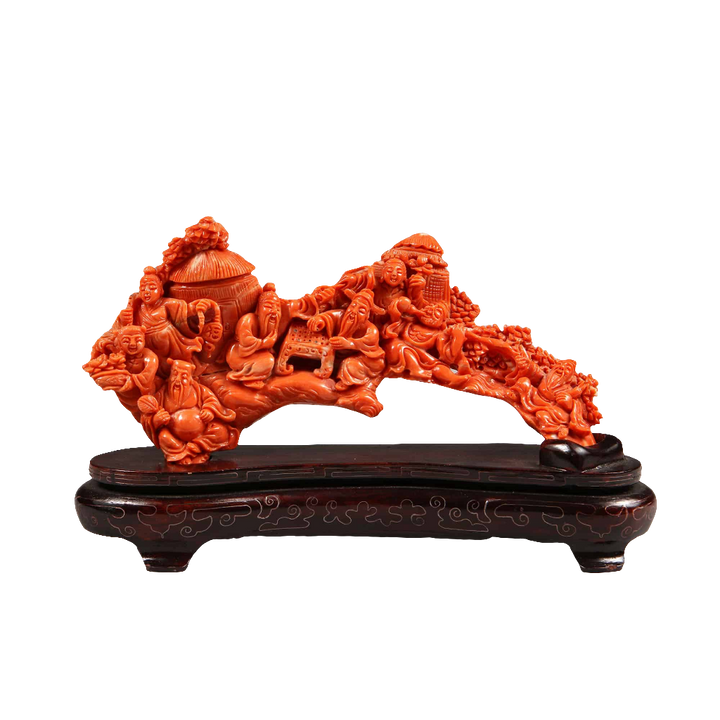 Late 19th century Chinese precious coral carving of characters at leisure, displayed on carved wooden stand by Nwtiques