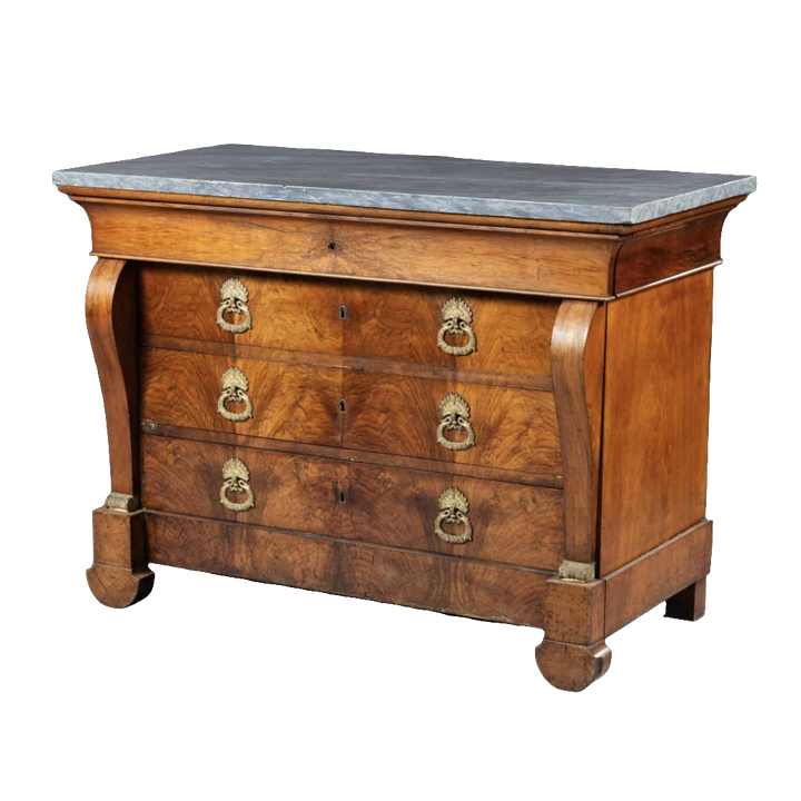 Louis Philippe figured walnut commode with Bleu Turquin marble top by Nwtiques, mid-19th century French design