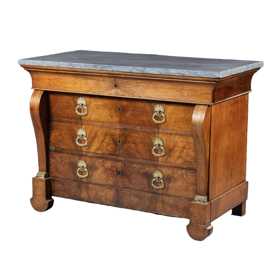 Louis Philippe figured walnut commode with Bleu Turquin marble top by Nwtiques, mid-19th century French design