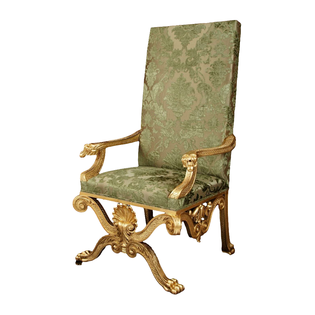 19th century giltwood throne chair in green silk velvet, attributed to William Kent, sold by Nicholas Wells Antiques