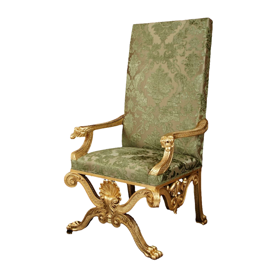 19th century giltwood throne chair in green silk velvet, attributed to William Kent, sold by Nicholas Wells Antiques