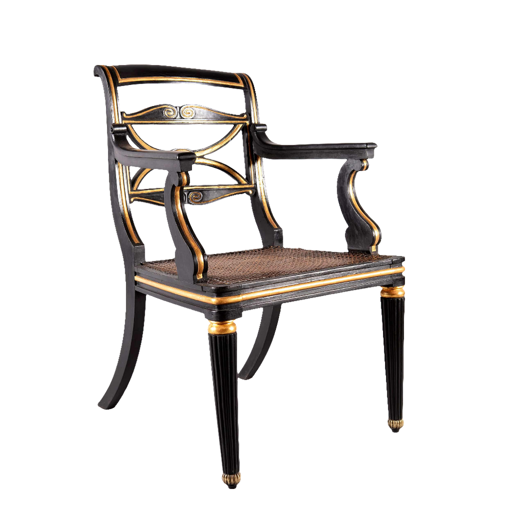 Regency parcel gilt armchair with elegant carved frame and brass details by Collection TH20 in black and gold finish