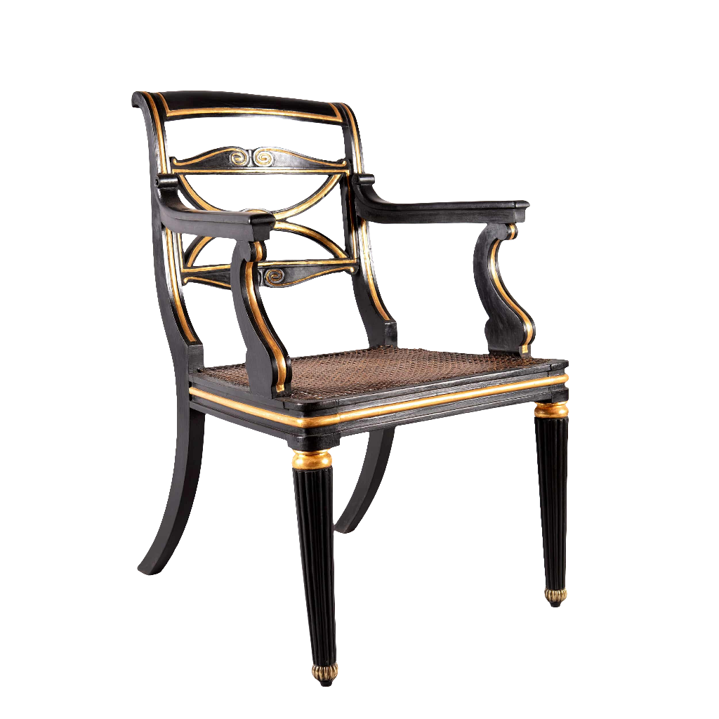 Regency parcel gilt armchair with elegant carved frame and brass details by Collection TH20 in black and gold finish