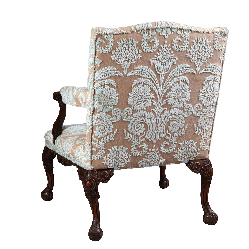 Gainsborough chair by Collection CK20 with intricate wood carving and elegant patterned upholstery in Georgian style.