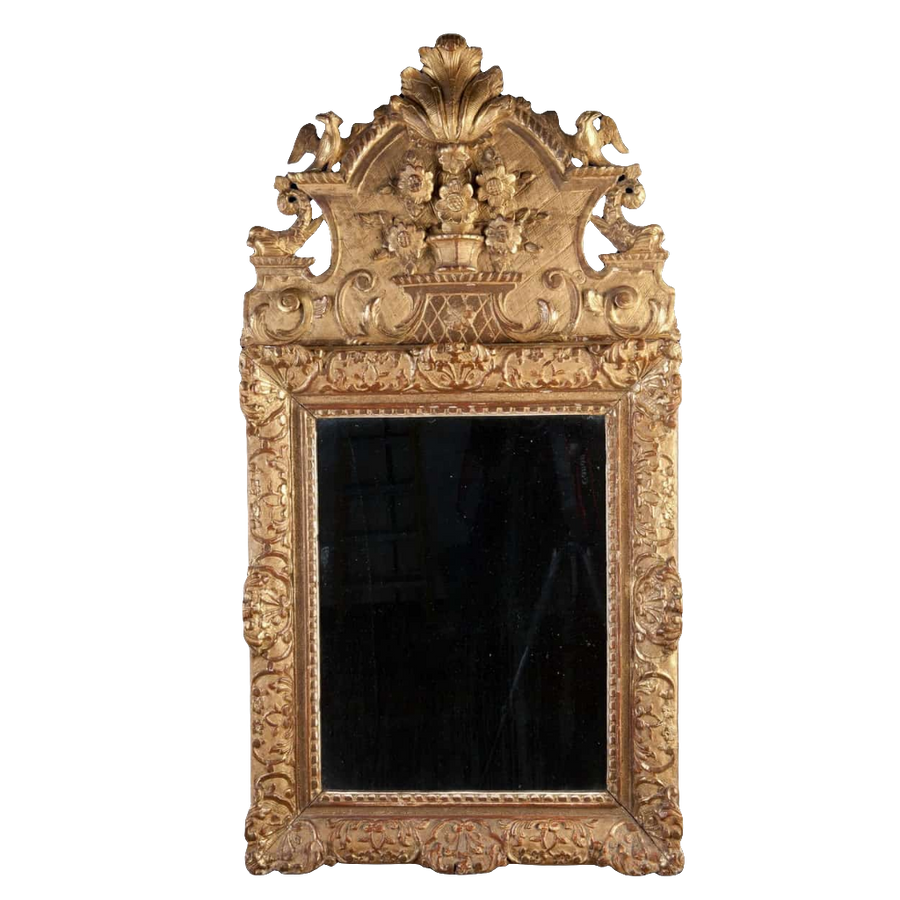 Fine 18th Century Giltwood Wall Mirror 105x53cm with ornate floral and bird crest, Dutch Netherlands circa 1750.