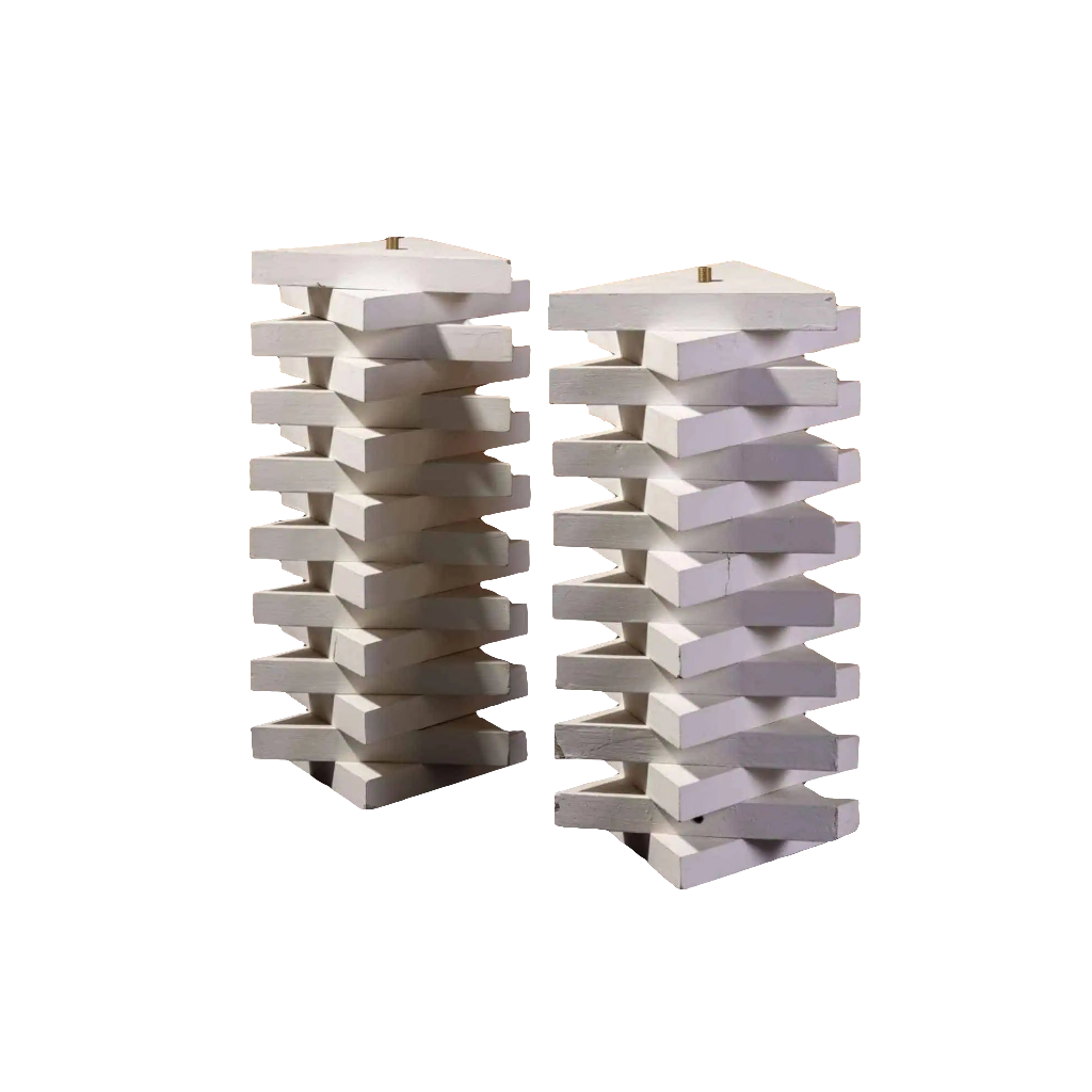 Pair of Geometric Lamp Bases by Andrew Allfree, white painted stacked geometric design, 42 cm height, modern style.