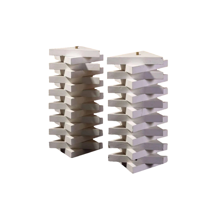 Pair of Geometric Lamp Bases by Andrew Allfree, white painted stacked geometric design, 42 cm height, modern style.