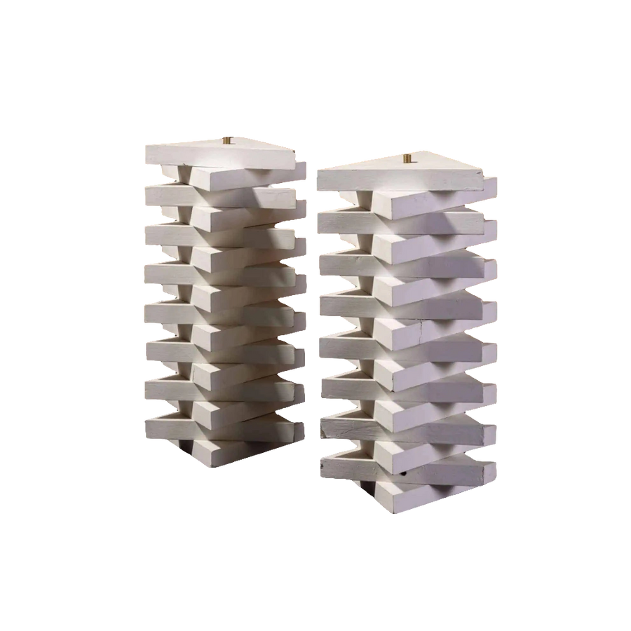 Pair of Geometric Lamp Bases by Andrew Allfree, white painted stacked geometric design, 42 cm height, modern style.