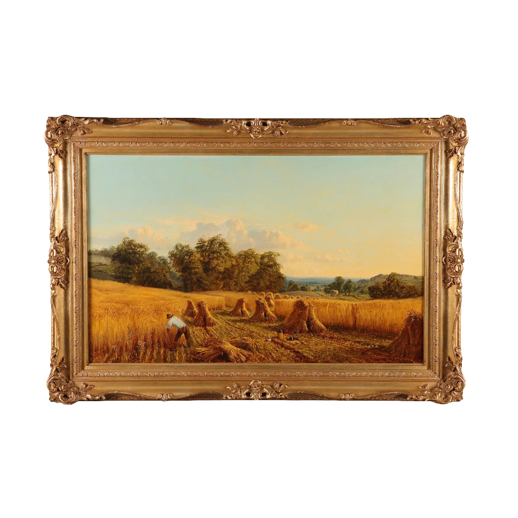 Harvest landscape oil painting by Alfred Augustus Glendening Snr. displayed in ornate frame, sold by Nicholas Wells Antiques.