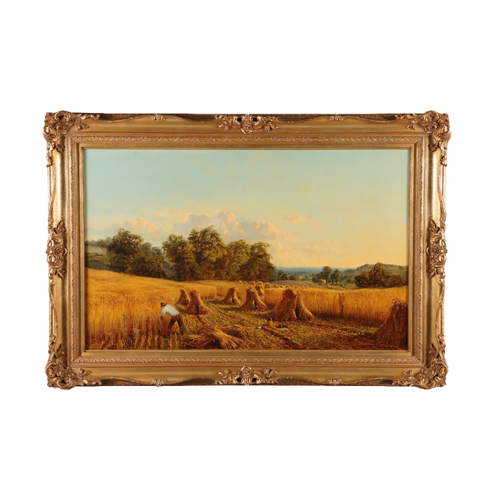 Harvest landscape oil painting by Alfred Augustus Glendening Snr. displayed in ornate frame, sold by Nicholas Wells Antiques.
