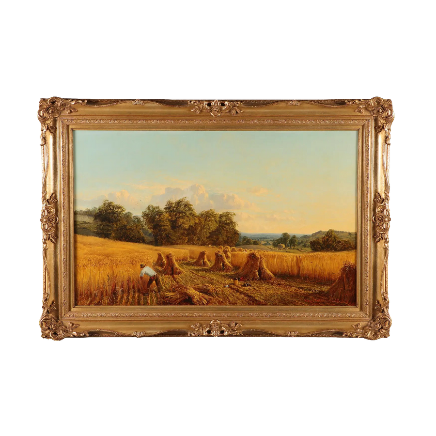 Harvest landscape oil painting by Alfred Augustus Glendening Snr. displayed in ornate frame, sold by Nicholas Wells Antiques.