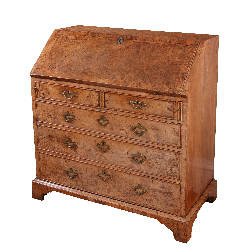 Ham House George I burr walnut bureau with brass fittings by Nwtiques, early 18th-century English cabinet.