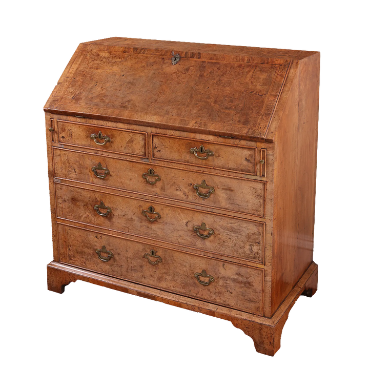 Ham House George I burr walnut bureau with brass fittings by Nwtiques, early 18th-century English cabinet.