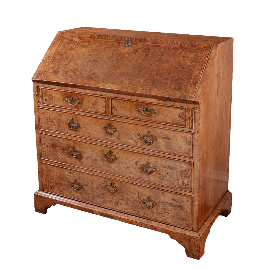 Ham House George I burr walnut bureau with brass fittings by Nwtiques, early 18th-century English cabinet.