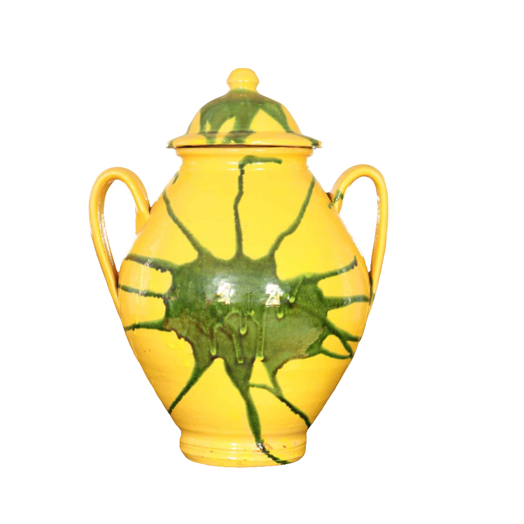 Canary yellow vase with green splash design, two loop handles and lid, elegant piece by Collection EE20, 39 cm tall.